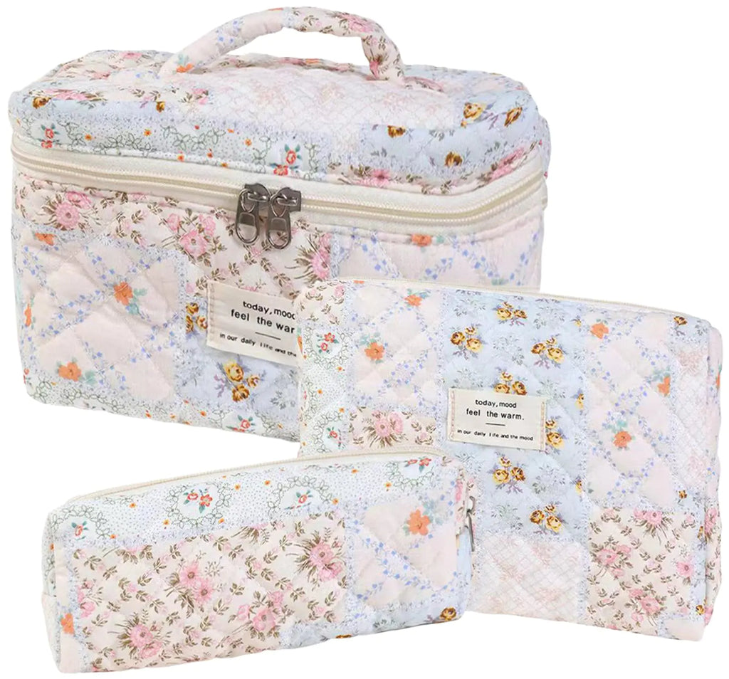 Dkieuyu 3 Pcs Makeup Bag SetCotton Quilted Makeup BagCoquette Makeup BagFloral Makeup BagLarge Toiletry Cosmetic Bag Makeup Bag Organizer for Women Girls (J-3PCS)